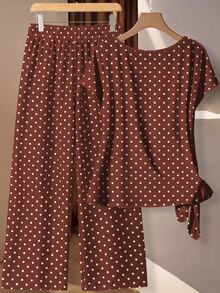 EMERY ROSE Brown Polka Dot Plus Size Women's Shirt With Tie Bow And Loose Straight Leg Pants 2 Pieces Set Black - Brown - View 2