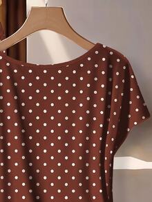 EMERY ROSE Brown Polka Dot Plus Size Women's Shirt With Tie Bow And Loose Straight Leg Pants 2 Pieces Set Black - Brown - View 4