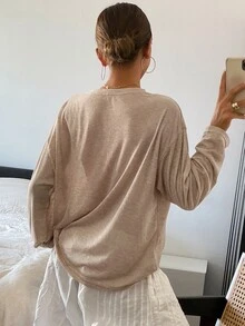 Livesso Ladies' Solid Color Simple Daily Long Sleeve Top Summer - Brown - View 2