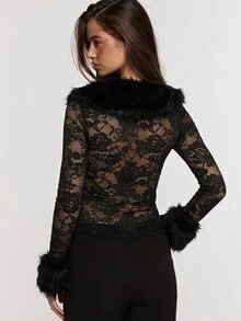 Opulessa Women's Patchwork Fur Collar Long Sleeve Lace Single-Breasted Top - Black - View 2