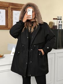 SHEIN CURVE+ Jaket Parka Musim Dingin Wanita Ukuran Besar Little Fox dengan Tudung Panjang Berlapisan Bulu Halus - Hitam - View 6
