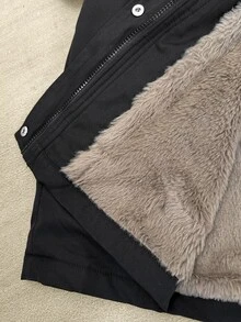 SHEIN CURVE+ Jaket Parka Musim Dingin Wanita Ukuran Besar Little Fox dengan Tudung Panjang Berlapisan Bulu Halus - Hitam - View 13
