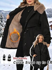 SHEIN CURVE+ Jaket Parka Musim Dingin Wanita Ukuran Besar Little Fox dengan Tudung Panjang Berlapisan Bulu Halus - Hitam - View 2
