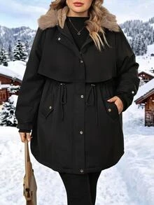 SHEIN CURVE+ Jaket Parka Musim Dingin Wanita Ukuran Besar Little Fox dengan Tudung Panjang Berlapisan Bulu Halus - Hitam - View 10
