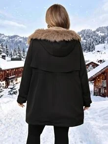 SHEIN CURVE+ Jaket Parka Musim Dingin Wanita Ukuran Besar Little Fox dengan Tudung Panjang Berlapisan Bulu Halus - Hitam - View 3
