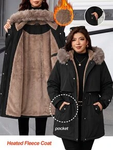 SHEIN CURVE+ Jaket Parka Musim Dingin Wanita Ukuran Besar Little Fox dengan Tudung Panjang Berlapisan Bulu Halus - Hitam - View 1