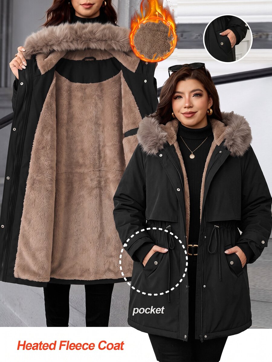 SHEIN CURVE+ Jaket Parka Musim Dingin Wanita Ukuran Besar Little Fox dengan Tudung Panjang Berlapisan Bulu Halus - Hitam - View 1
