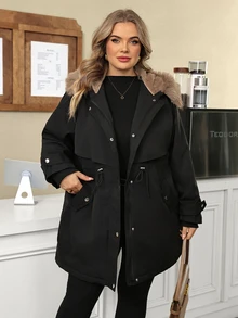 SHEIN CURVE+ Jaket Parka Musim Dingin Wanita Ukuran Besar Little Fox dengan Tudung Panjang Berlapisan Bulu Halus - Hitam - View 5