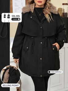 SHEIN CURVE+ Jaket Parka Musim Dingin Wanita Ukuran Besar Little Fox dengan Tudung Panjang Berlapisan Bulu Halus - Hitam - View 12