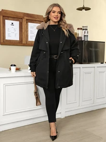 SHEIN CURVE+ Jaket Parka Musim Dingin Wanita Ukuran Besar Little Fox dengan Tudung Panjang Berlapisan Bulu Halus - Hitam - View 4