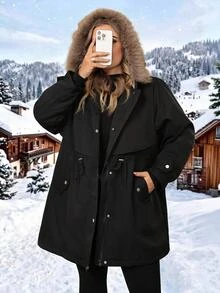 SHEIN CURVE+ Jaket Parka Musim Dingin Wanita Ukuran Besar Little Fox dengan Tudung Panjang Berlapisan Bulu Halus - Hitam - View 11
