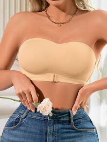 SHEIN حمالة صدر لاسلكية لتعزيز إبراز الصدر بإغلاق أمامي قطعة واحدة للنساء - لون مشمشي - مشاهدة 3
