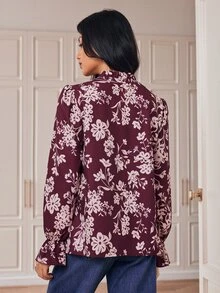 SHEIN 秋季女款碎花襯衫，荷葉領，單排扣，喇叭長袖，優雅通勤襯衫 - 彩色 - 查看 2