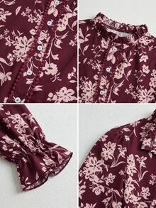 SHEIN 秋季女款碎花襯衫，荷葉領，單排扣，喇叭長袖，優雅通勤襯衫 - 彩色 - 查看 5