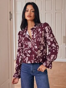 SHEIN 秋季女款碎花襯衫，荷葉領，單排扣，喇叭長袖，優雅通勤襯衫 - 彩色 - 查看 7