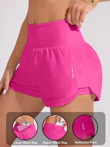 SHEIN Sovereign Charm Solid Color Wide Waist Double Layer Sports Shorts - Rose Red - View 8