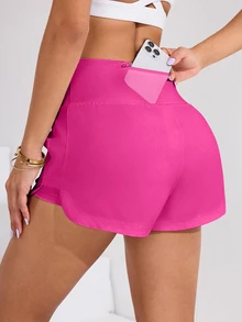 SHEIN Sovereign Charm Solid Color Wide Waist Double Layer Sports Shorts - Rose Red - View 4