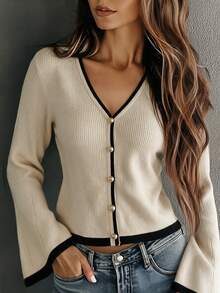 SHEIN Fall Chic Contrast Trim V‑Neck Knit Cardigan, Women Long Flare Sleeve Button Front Cropped Sweater - Apricot - View 4