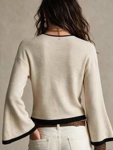 SHEIN Fall Chic Contrast Trim V‑Neck Knit Cardigan, Women Long Flare Sleeve Button Front Cropped Sweater - Apricot - View 2