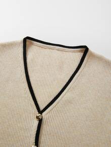 SHEIN Fall Chic Contrast Trim V‑Neck Knit Cardigan, Women Long Flare Sleeve Button Front Cropped Sweater - Apricot - View 5