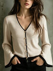 SHEIN Fall Chic Contrast Trim V‑Neck Knit Cardigan, Women Long Flare Sleeve Button Front Cropped Sweater - Apricot - View 3