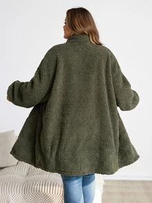 SHEIN CURVE+ Plus Size Women's Fleece Jacket, Casual Autumn/Winter Coral Fleece Jacket With Chest And Side Pockets, Suitable For Autumn/Winter - Army Green - View 5