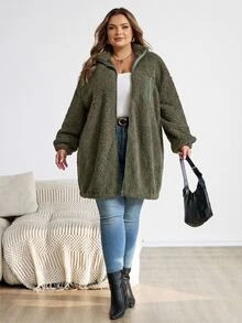SHEIN CURVE+ Plus Size Women's Fleece Jacket, Casual Autumn/Winter Coral Fleece Jacket With Chest And Side Pockets, Suitable For Autumn/Winter - Army Green - View 3