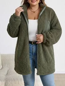 SHEIN CURVE+ Plus Size Women's Fleece Jacket, Casual Autumn/Winter Coral Fleece Jacket With Chest And Side Pockets, Suitable For Autumn/Winter - Army Green - View 4