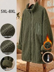 SHEIN CURVE+ Plus Size Women's Fleece Jacket, Casual Autumn/Winter Coral Fleece Jacket With Chest And Side Pockets, Suitable For Autumn/Winter - Army Green - View 7