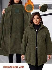 SHEIN CURVE+ Plus Size Women's Fleece Jacket, Casual Autumn/Winter Coral Fleece Jacket With Chest And Side Pockets, Suitable For Autumn/Winter - Army Green - View 1