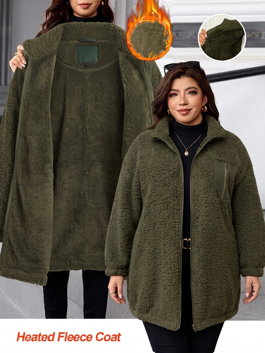 SHEIN CURVE+ Plus Size Women's Fleece Jacket, Casual Autumn/Winter Coral Fleece Jacket With Chest And Side Pockets, Suitable For Autumn/Winter - Army Green - View 1