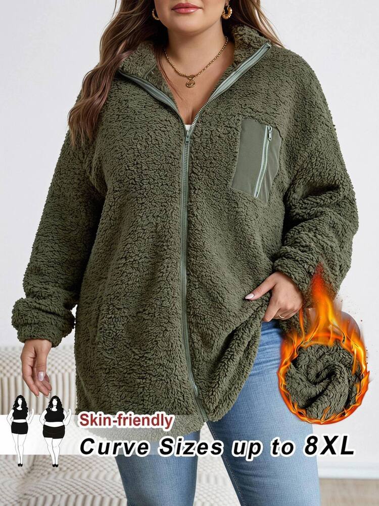 SHEIN CURVE+ Plus Size Women's Fleece Jacket, Casual Autumn/Winter Coral Fleece Jacket With Chest And Side Pockets, Suitable For Autumn/Winter - Army Green - View 9