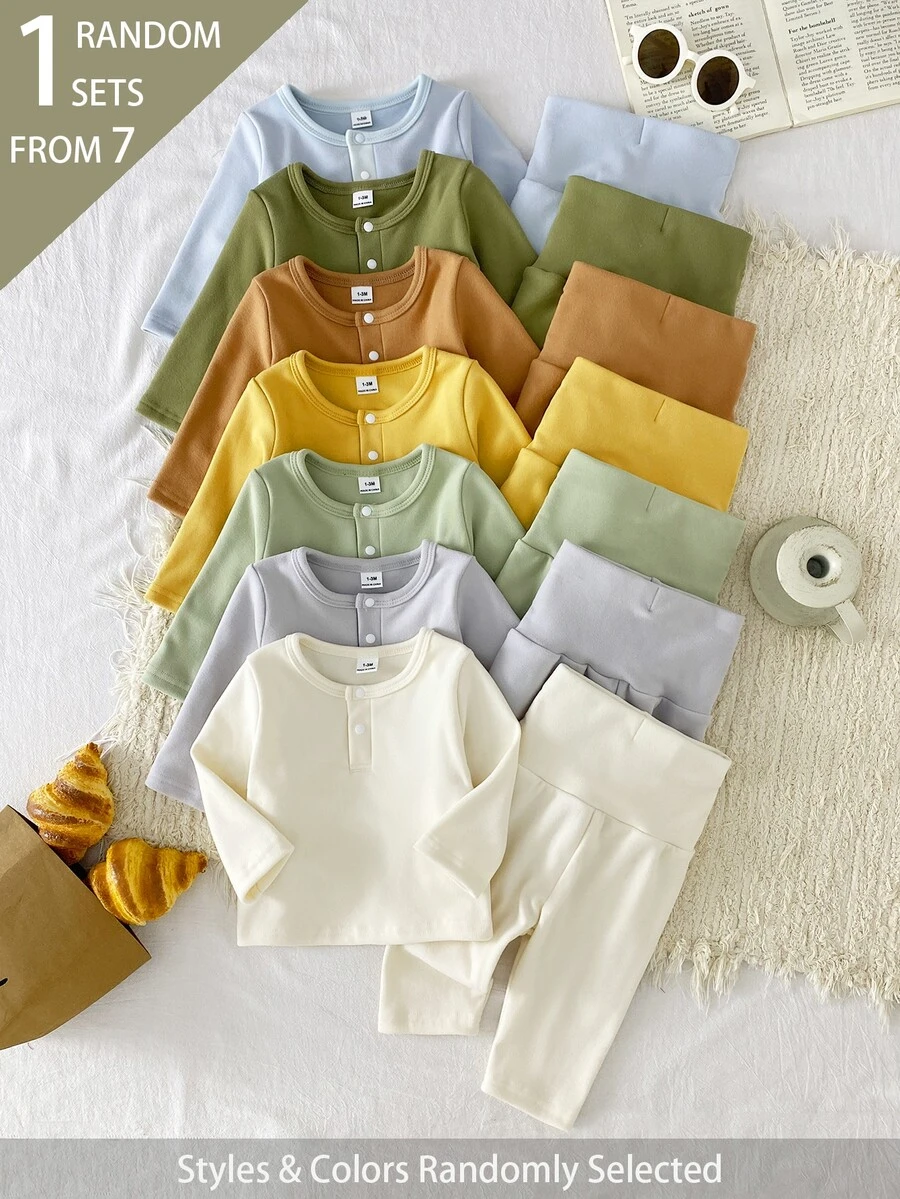 7 Sets Randomly Sent 1 Set Autumn/Winter Newborn Home Wear Apricot Blue Brown Green Multicolor Soft Comfortable Baby Boy Long Sleeve Top + High Waist Long Pants Combination Pack