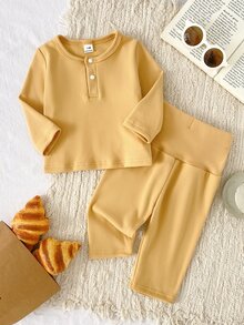 7 Sets Randomly Sent 1 Set Autumn/Winter Newborn Home Wear Apricot Blue Brown Green Multicolor Soft Comfortable Baby Boy Long Sleeve Top + High Waist Long Pants Combination Pack - Multicolor - View 8
