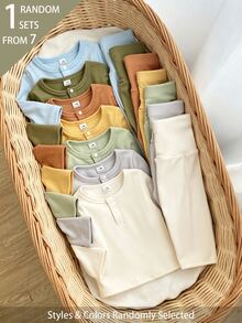 7 Sets Randomly Sent 1 Set Autumn/Winter Newborn Home Wear Apricot Blue Brown Green Multicolor Soft Comfortable Baby Boy Long Sleeve Top + High Waist Long Pants Combination Pack - Multicolor - View 7