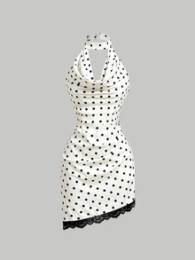 SHEIN MOD Women's Cowl Neck Polka Dot Contrast Lace Fashion Halter Short Dress - Black and White - View 2