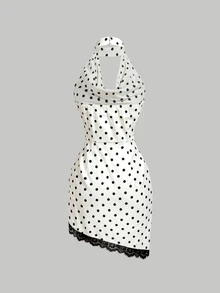 SHEIN MOD Women's Cowl Neck Polka Dot Contrast Lace Fashion Halter Short Dress - Black and White - View 4