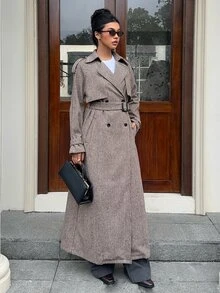 SHEIN EZwear 秋季格紋復古法式優雅千鳥格鈕扣長袖大衣 辦公深棕色 - 摩卡棕 - 查看 5