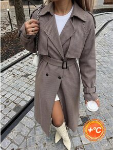 SHEIN EZwear 秋季格紋復古法式優雅千鳥格鈕扣長袖大衣 辦公深棕色 - 摩卡棕 - 查看 10