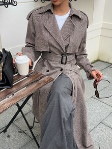 SHEIN EZwear 秋季格紋復古法式優雅千鳥格鈕扣長袖大衣 辦公深棕色 - 摩卡棕 - 查看 6