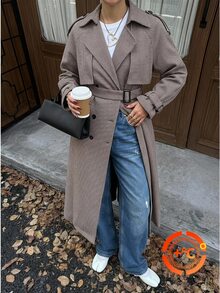 SHEIN EZwear 秋季格紋復古法式優雅千鳥格鈕扣長袖大衣 辦公深棕色 - 摩卡棕 - 查看 2