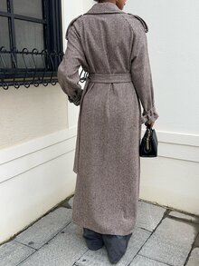 SHEIN EZwear 秋季格紋復古法式優雅千鳥格鈕扣長袖大衣 辦公深棕色 - 摩卡棕 - 查看 9