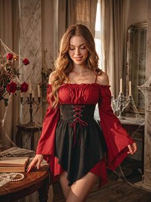 SHEIN MOD Asymmetrical Hem Flare Sleeve Off Shoulder Red & Black Short Dress - Red and Black - View 5