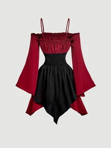 SHEIN MOD Asymmetrical Hem Flare Sleeve Off Shoulder Red & Black Short Dress - Red and Black - View 4