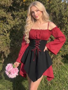 SHEIN MOD Asymmetrical Hem Flare Sleeve Off Shoulder Red & Black Short Dress - Red and Black - View 1