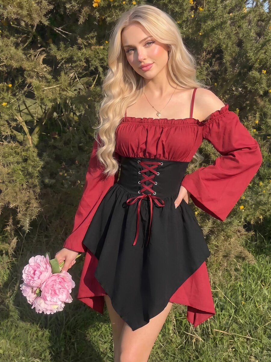 SHEIN MOD Asymmetrical Hem Flare Sleeve Off Shoulder Red & Black Short Dress - Red and Black - View 1