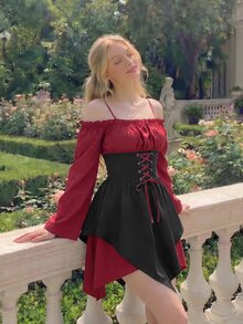 SHEIN MOD Asymmetrical Hem Flare Sleeve Off Shoulder Red & Black Short Dress - Red and Black - View 3