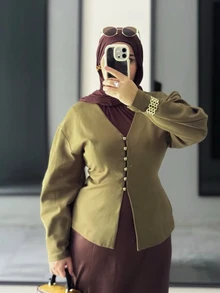 Modelyn 女款時尚百搭金屬鈕扣長袖西裝外套 優雅休閒通勤 橄欖綠 秋冬款 - 軍綠色 - 查看 5