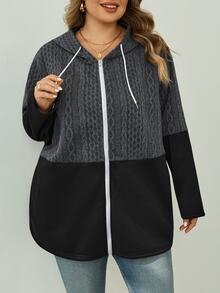 SHEIN CURVE+ Áo khoác trench dáng dài nữ size lớn, có mũ, dây rút, khóa kéo, phong cách thường ngày đa năng cho mùa thu - Nhiều màu - Xem 6
