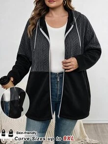 SHEIN CURVE+ Áo khoác trench dáng dài nữ size lớn, có mũ, dây rút, khóa kéo, phong cách thường ngày đa năng cho mùa thu - Nhiều màu - Xem 1